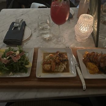 Margeaux Supper Parlor - Left is Fig salad, middle shrimp and grits, and on the right is the duck. All were so delicious! - French Near Me - Cambridge, Massachusetts