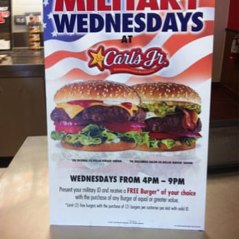 Carl's Jr - Yes a sign for military discounts on Wednesdays By: Leo - Fast Food Near Me - Imperial Beach, California Carl's Jr - Yes a sign for military discounts on Wednesdays By: Leo - Fast Food Near Me - Imperial Beach, California
