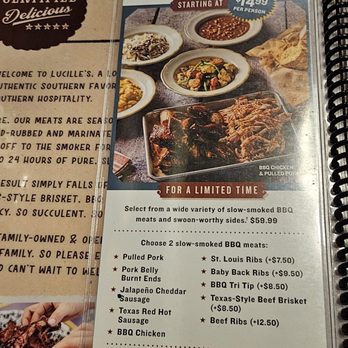Lucille's Smokehouse Bar-B-Que - Menu. Only a small portion of a multi page menu. - Barbeque Near Me - Rocklin, California Lucille's Smokehouse Bar-B-Que - Menu. Only a small portion of a multi page menu. - Barbeque Near Me - Rocklin, California