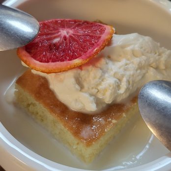 O Sea - Mexican 'Tres Leches' Cake. Candied blood orange with housemade whipped cream. (Jan 2022) - Seafood Near Me - Orange, California
