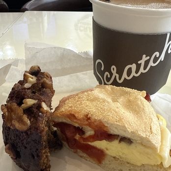 Scratch Bakery Cafe - Egg & Cheese Breakfast Sandwich Chicago Bran Muffin Coffee - Cafes Near Me - Newport Beach, California