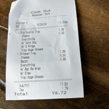 Cook Out - Receipt - Fast Food Near Me - Manassas Park, Virginia Cook Out - Receipt - Fast Food Near Me - Manassas Park, Virginia
