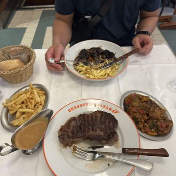 Brasserie Balzar - bourguignon (top); sirloin steak, fries, ratatouille (bottom) - Brasseries Near Me - Paris, 75