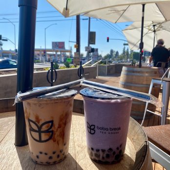 Boba Break Tea House - The view from the outdoor seating. Taro smoothie with boba & Dirty Milk Tea with pudding & boba. - Bubble Tea Near Me - Glendora, California Boba Break Tea House - The view from the outdoor seating. Taro smoothie with boba & Dirty Milk Tea with pudding & boba. - Bubble Tea Near Me - Glendora, California