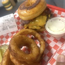 Burger Haven - THE SHELTON two smashed beef patties, cheddar cheese and bacon on a grilled, glazed donut.