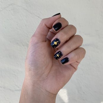Belle Nails and Spa - Black gel mani with gold star accents by Tracy - Nail Salons Near Me - Concord, California Belle Nails and Spa - Black gel mani with gold star accents by Tracy - Nail Salons Near Me - Concord, California