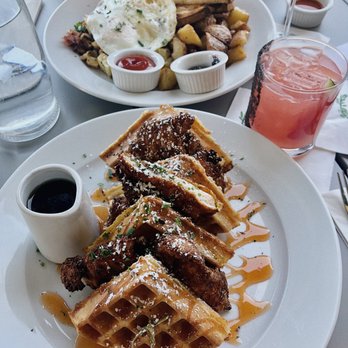 Bloom - Chicken & Waffles + Sweet Potato Shishito Hash. Drink is Azucar Rose - American Near Me - Santa Clara, California