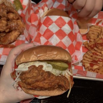 Hangry Joe's Hot Chicken - Korean nuggets with spicy garlic soy with rice. sando chicken sandwich with mild heat & waffle fries. - Chicken Shop Near Me - Fairfax, Virginia