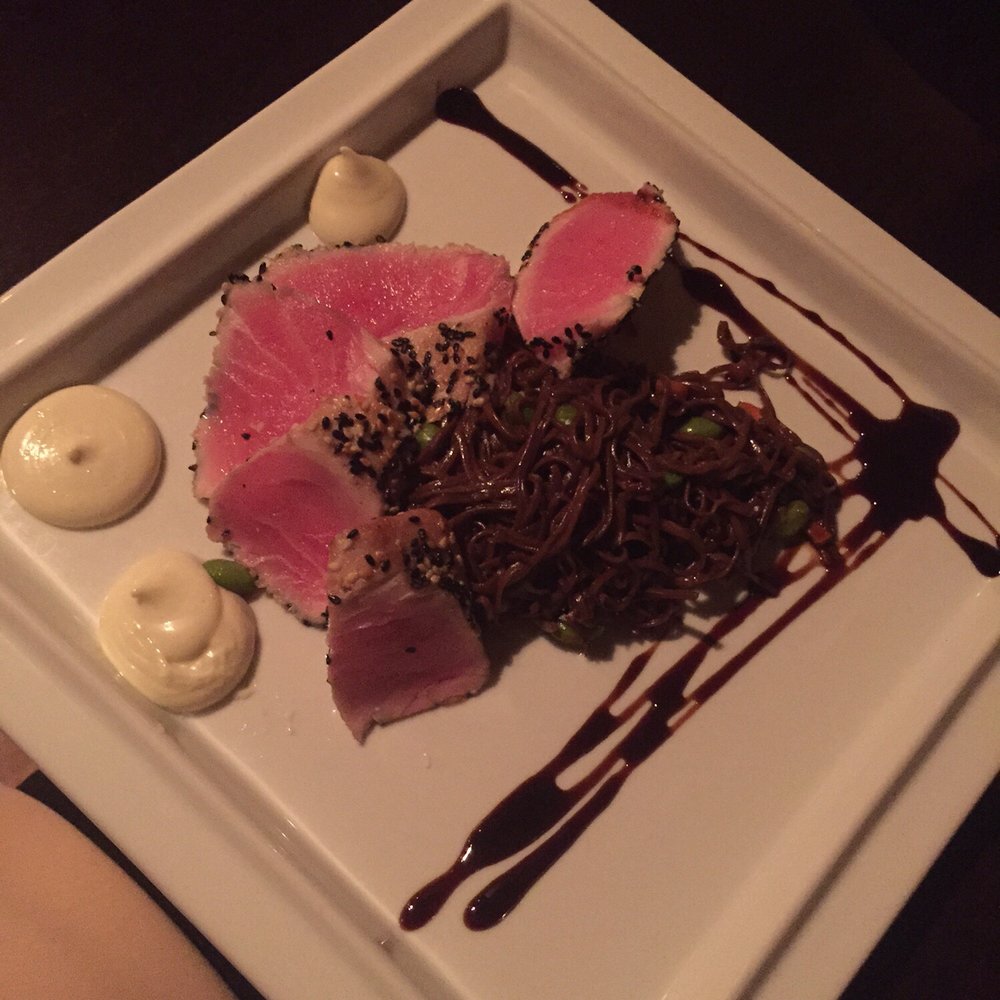 Hecks - Sesame Ahi Tuna with sooba noodles, carrots, and edamame in a sweet soy sauce. - Breakfast & Brunch Near Me - Cleveland, Ohio Hecks - Sesame Ahi Tuna with sooba noodles, carrots, and edamame in a sweet soy sauce. - Breakfast & Brunch Near Me - Cleveland, Ohio