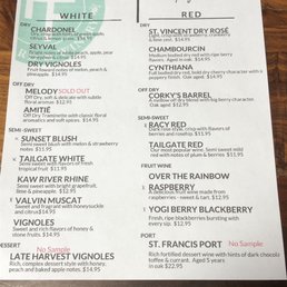 Their menu. Tailgate Red & Sunset Blush were my favorites but I also enjoyed the fruit wines. Was pleasantly surprised by the Dry Vignoles. Their menu. Tailgate Red & Sunset Blush were my favorites but I also enjoyed the fruit wines. Was pleasantly surprised by the Dry Vignoles.