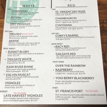Holy Field Vineyard & Winery - Their menu. Tailgate Red & Sunset Blush were my favorites but I also enjoyed the fruit wines. Was pleasantly surprised by the Dry Vignoles. - Wineries Near Me - Basehor, Kansas Holy Field Vineyard & Winery - Their menu. Tailgate Red & Sunset Blush were my favorites but I also enjoyed the fruit wines. Was pleasantly surprised by the Dry Vignoles. - Wineries Near Me - Basehor, Kansas