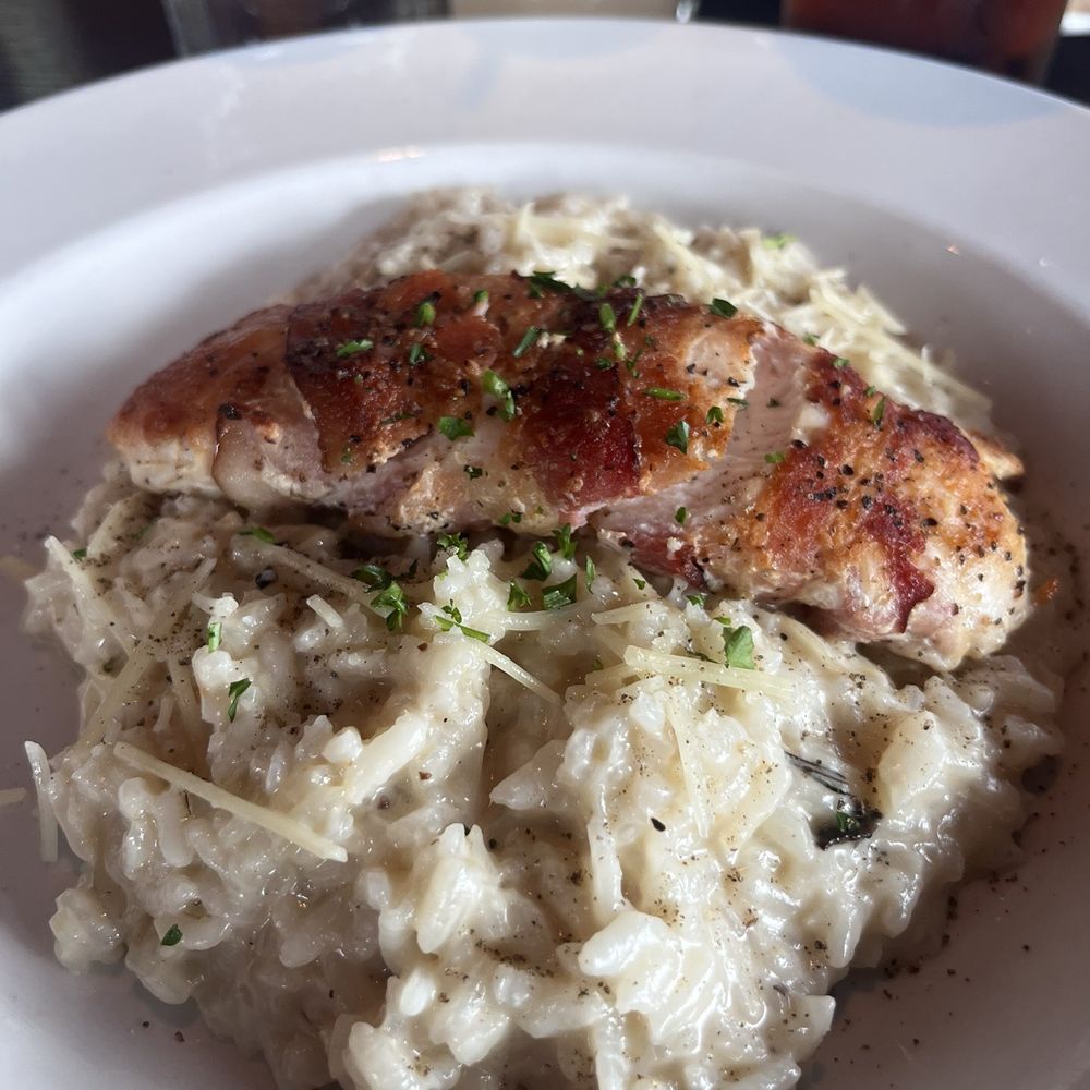 Amaro’s Table - Bacon wrapped Chicken with mushroom risotto - New American Near Me - Castle Rock, Washington