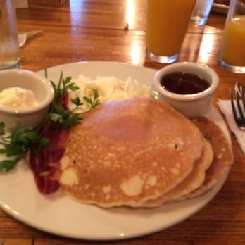 The Kettle - (Out of focus, oops!) Pancake breakfast (customized); 3 buttermilk pancakes with egg whites and turkey bacon - Diners Near Me - Manhattan Beach, California