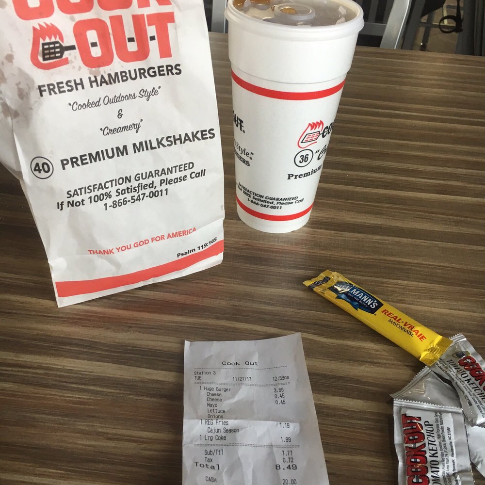 Cook Out - 8.49 for a 1/2 pound burger, fries, drink, and taxes and it was hot and good! Hell yeah' I got my money's worth. - Burgers Near Me - Memphis, Tennessee