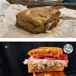 Frontega sandwich I got vs their website photo. Expensive bread- hardly any chicken