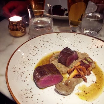 Le Nom - Deer w/ bread risotto, pine shoots, chanterelles, licorice and sea bucktorn (190 SEK) - Tapas/Small Plates Near Me - Stockholm, Alberta