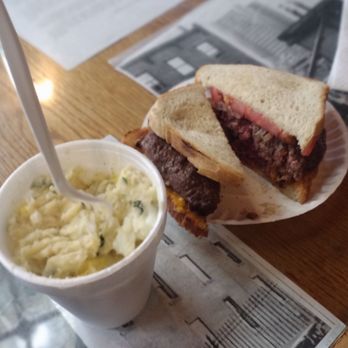 Louis' Lunch - Burger with works and potato salad. - Burgers Near Me - New Haven, Connecticut Louis' Lunch - Burger with works and potato salad. - Burgers Near Me - New Haven, Connecticut