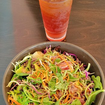 Nancy's Sky Garden - Tuna Poke with red rice and veggies mixed up with peanut soy sauce along with a glass of Iced Cinnamon Spice Tea. - Vegetarian Near Me - Austin, Texas Nancy's Sky Garden - Tuna Poke with red rice and veggies mixed up with peanut soy sauce along with a glass of Iced Cinnamon Spice Tea. - Vegetarian Near Me - Austin, Texas