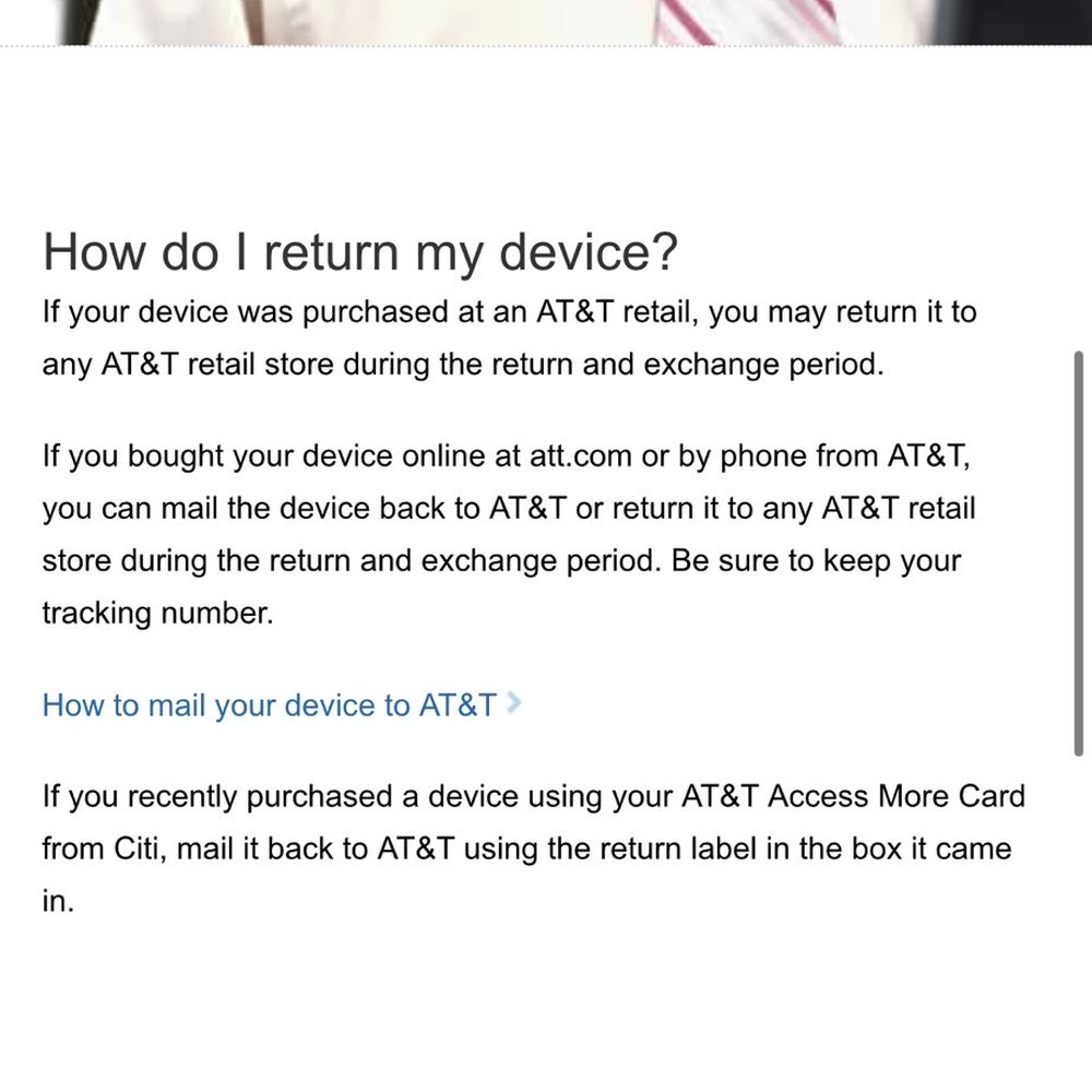 From the actual AT&T website any device bought on AT&T.com can be returned in a retail store From the actual AT&T website any device bought on AT&T.com can be returned in a retail store