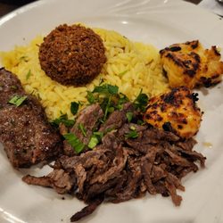 Combo platter: Kefka, beef shwarma, chicken kabob, flafel