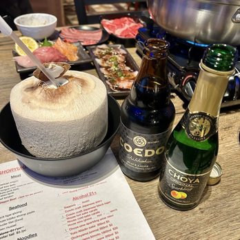Shoryuken - 01.31.25: Coconut | Coedo Black Lager (Guinness-like) | Choya Sparkling Ume (get sake cups) | Sashimi, Carpaccio, Tongue & A5 Wagyu - Hot Pot Near Me - South San Francisco, California Shoryuken - 01.31.25: Coconut | Coedo Black Lager (Guinness-like) | Choya Sparkling Ume (get sake cups) | Sashimi, Carpaccio, Tongue & A5 Wagyu - Hot Pot Near Me - South San Francisco, California