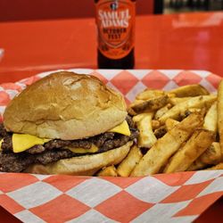 Americana Cafe - A double cheeseburger with fries and a cold beer