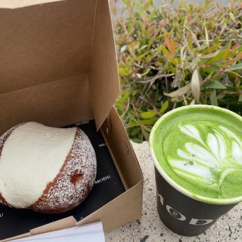 Modu Cafe - Milk bun and hot matcha with regular milk - Coffee & Tea Near Me - Los Angeles, California