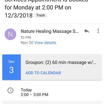 Natural Healing Massage Services - Email from November 20. The day we walked in and had to reschedule - Skin Care Near Me - Alexandria, Virginia