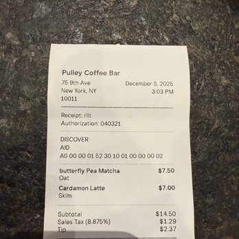 Pulley Coffee Bar - Receipt - Coffee & Tea Near Me - New York, New York Pulley Coffee Bar - Receipt - Coffee & Tea Near Me - New York, New York
