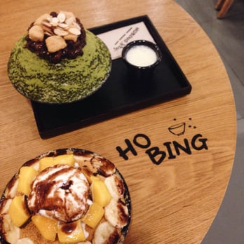 Hobing Snow Dessert Cafe - Regular sized Matcha & Banana Mango Bingsu. With a side of condensed milk. - Desserts Near Me - Taguig, NCR