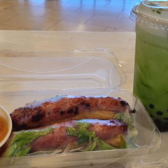 Brodard Express - Nem Nuong Cuon spring rolls ($9) and matcha sea salt milk tea with boba ($7) - Food Court Near Me - Santa Ana, California