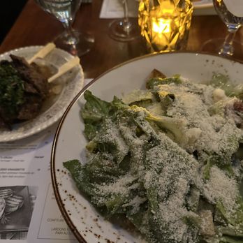 Buvette Nicole - Caesar Salad (delish) with small beef skewers on the side which were very tasty. - French Near Me - Montreal, Quebec Buvette Nicole - Caesar Salad (delish) with small beef skewers on the side which were very tasty. - French Near Me - Montreal, Quebec