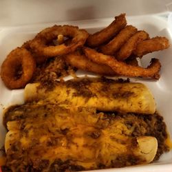 Diamond W - Dry as the Sahara,  and no chili gravy. Just Hamburger meat inside the tortilla and cheese on the top