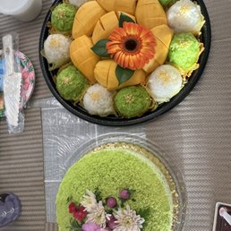 Pandan coconut crepe cake & small mango sticky rice platter Pandan coconut crepe cake & small mango sticky rice platter