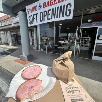 5th Ave Bagelry - Outside entryway, strawberry and banana bagel, and strawberry cream cheese - Bagels Near Me - Torrance, California