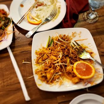 AT Thai Kitchen - drunken noodles, pad thai, green curry, and chicken satay (all gone) - Thai Near Me - Folsom, California