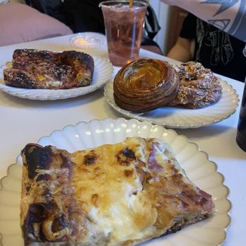 Radio Bakery - BEC focaccia and left shakshuka focaccia and right is French onion croissant and scallion twist - Bakeries Near Me - Brooklyn, New York