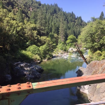 Euchre Bar Trail - View downstream of N Fork American River. Great rock to jump off of into deep, cold pool with rope swing just below bridge! - Hiking Near Me - Alta, California