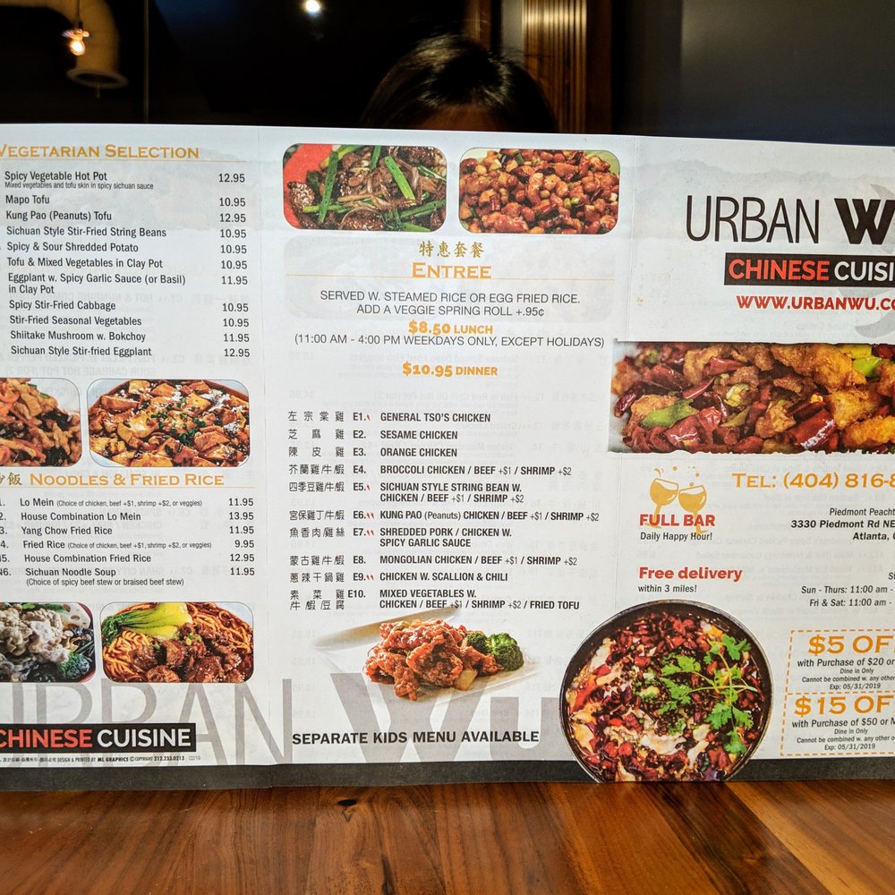 Urban Wu - Takeout menu (1 of 2). Cover, vegetarian selection, noodles and fried rice, entrees. - Szechuan Near Me - Atlanta, Georgia Urban Wu - Takeout menu (1 of 2). Cover, vegetarian selection, noodles and fried rice, entrees. - Szechuan Near Me - Atlanta, Georgia