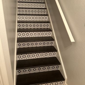 Orlando Flooring Gurus - This staircase used to be all carpet! Now beautiful wood steps with fun tile risers - Flooring Near Me Orlando Flooring Gurus - This staircase used to be all carpet! Now beautiful wood steps with fun tile risers - Flooring Near Me