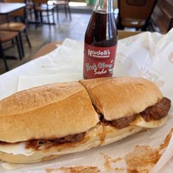 Nardelli's Grinder Shoppe - Nardelli's Boneless BBQ Rib Sandwich, served with their own Black Cherry brand soda - an outstanding combo for lunch.