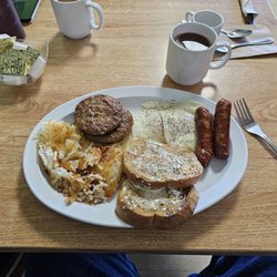 Hideaway Cafe & Coffee House - The Lumberjack with French Toast & sausage links and patties. They also have great coffee!