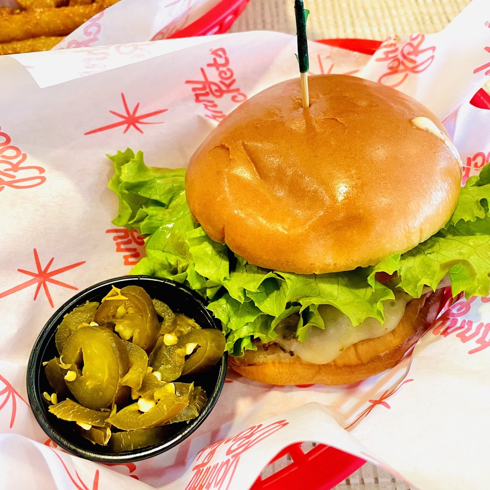 Johnny Rockets - Spicy Houston Single ($12.99) Spicy jalapenos (on the side) pepper jack cheese, lettuce, tomato, and smokin chipotle ranch - Diners Near Me - Reno, Nevada
