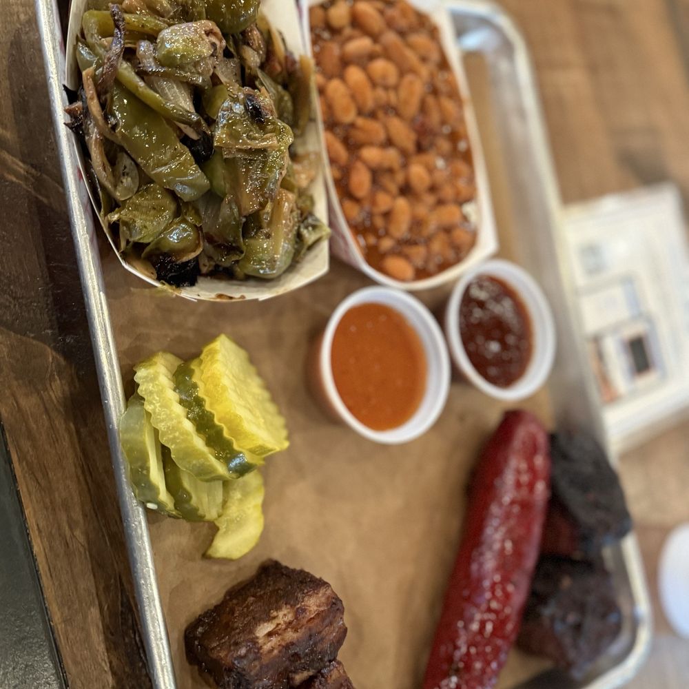OAK'D BBQ - Two meat platter (sausage and burnt ends) - Barbeque Near Me - Addison, Texas