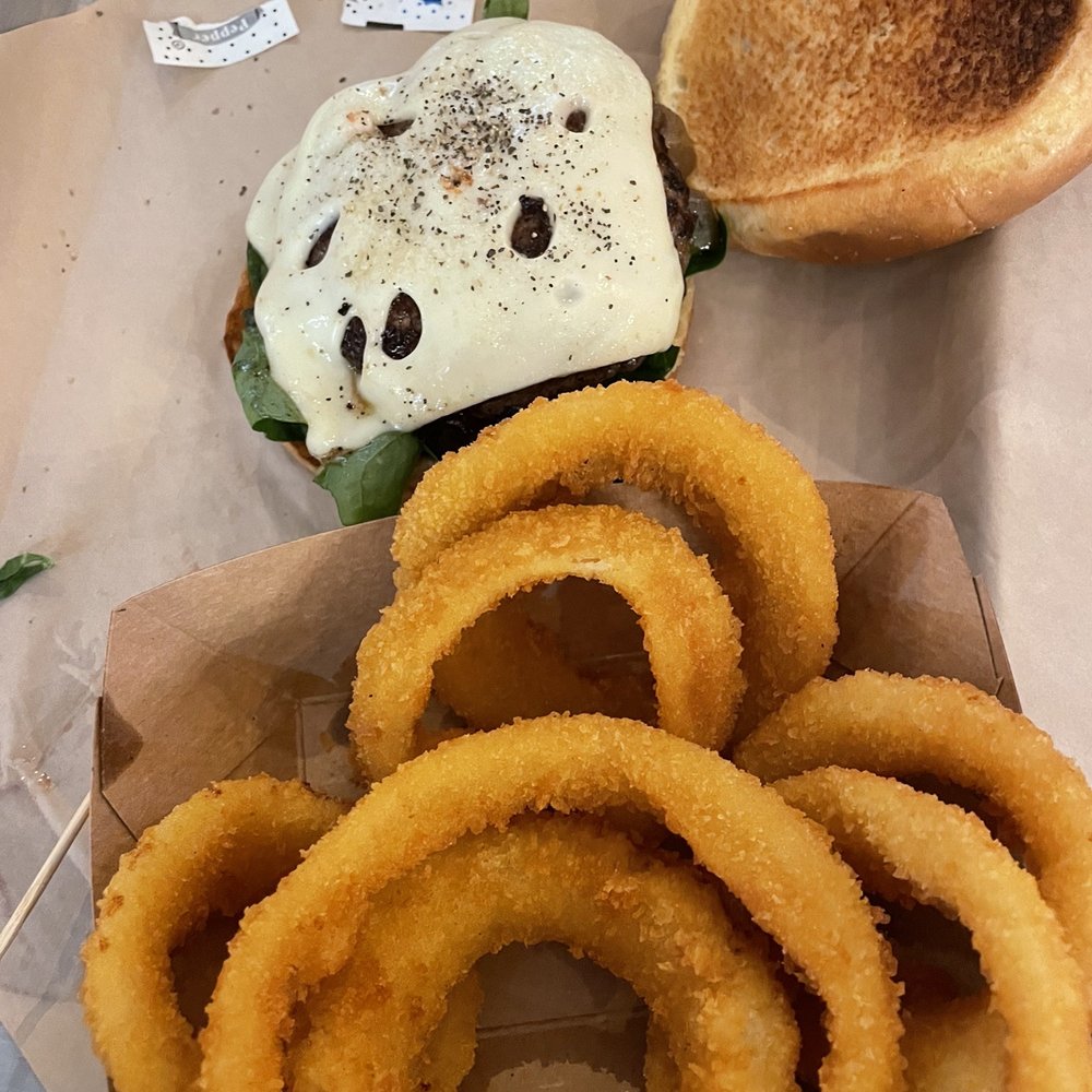 The Flying Cow - The Shroom Burger Combo with Fried Onion Rings - Burgers Near Me - Richmond, Texas The Flying Cow - The Shroom Burger Combo with Fried Onion Rings - Burgers Near Me - Richmond, Texas