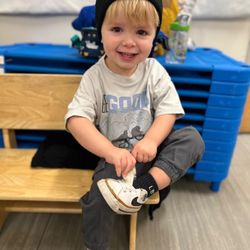 Guidepost Montessori at Emeryville - My son learning to put his shoes on.