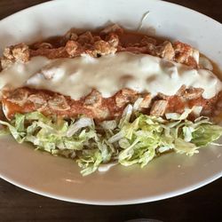 Lopez De Mexico - Burrito with refried beans inside and pork chili & cheese on top