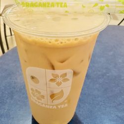 Braganza Tea - $5.95: brown sugar milk tea with soymilk substitute and aiyu topping