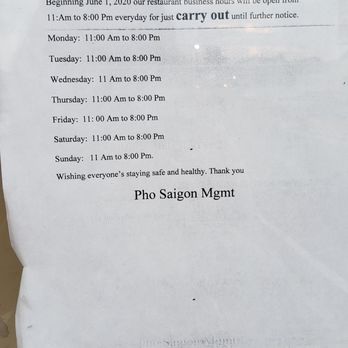 Pho Saigon - New schedule as of June 2020 - Vietnamese Near Me - Manassas, Virginia