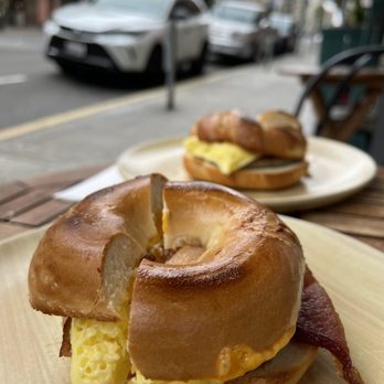 Beanstalk Cafe - Bacon egg and Cheese Bagel sando.  Cragel sausage Sando. - Coffee & Tea Near Me - San Francisco, California